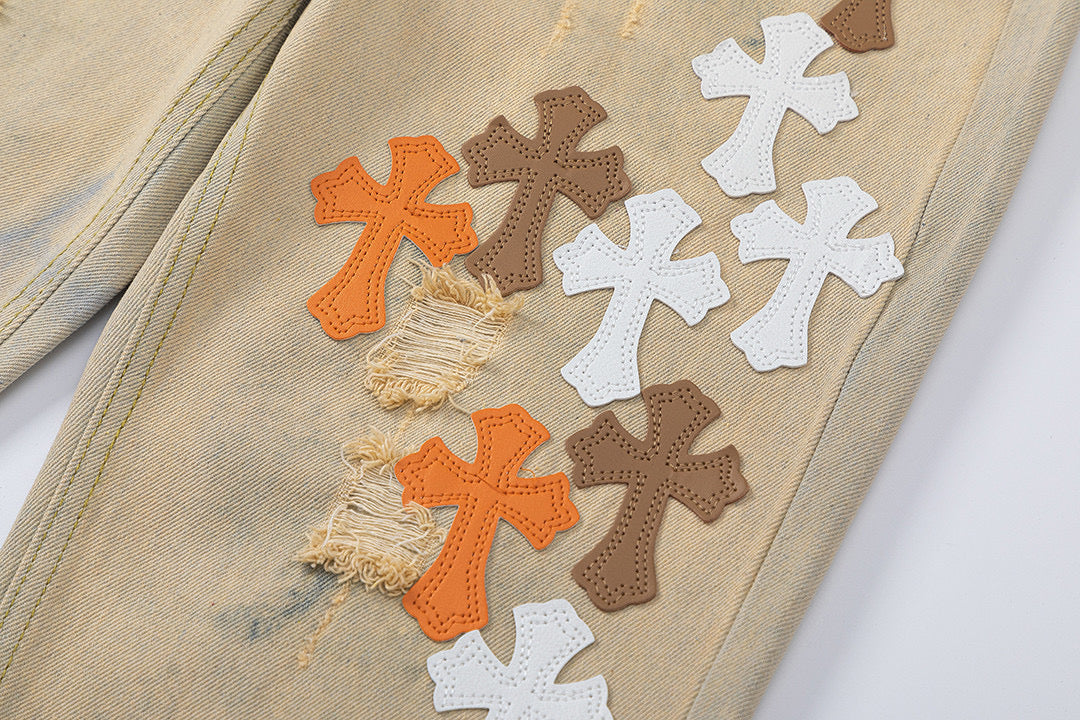 CHROME HEARTS ORANGE BROWN CROSS PATCH JEANS BEIGE - Vanté®