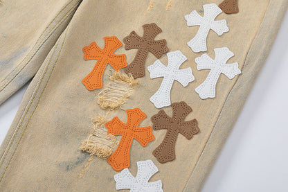 CHROME HEARTS ORANGE BROWN CROSS PATCH JEANS BEIGE - Vanté®