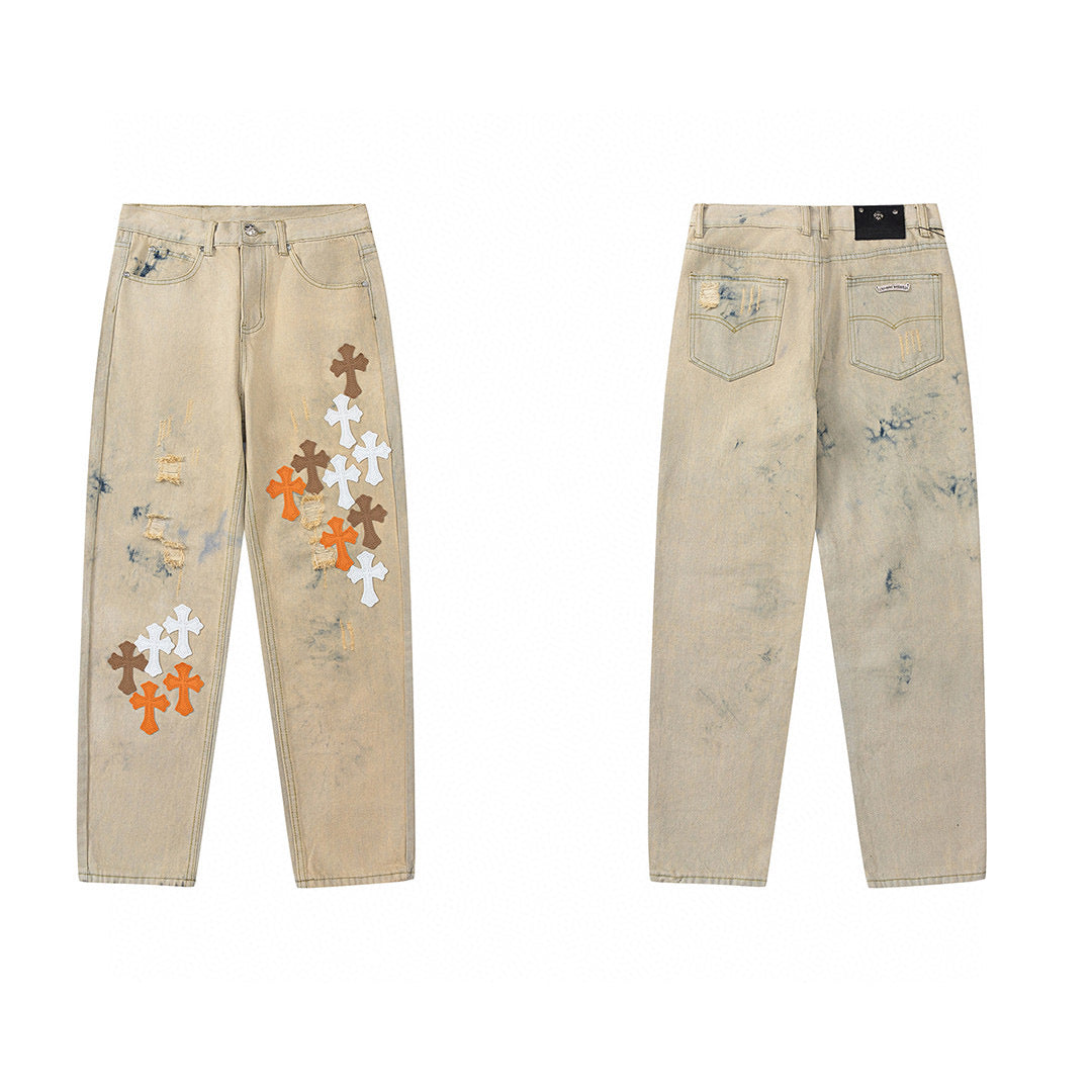 CHROME HEARTS ORANGE BROWN CROSS PATCH JEANS BEIGE - Vanté®