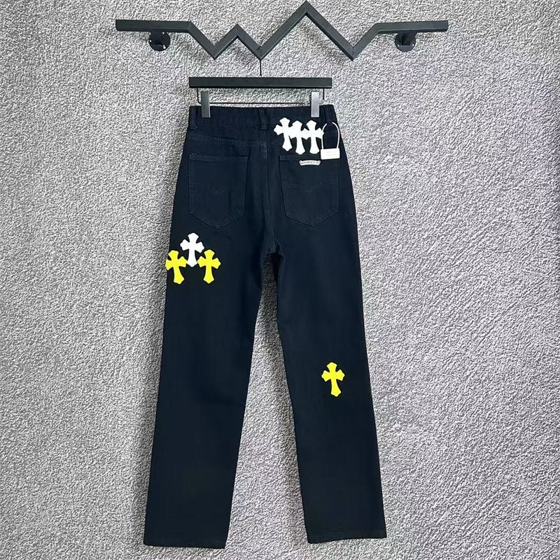 CHROME HEARTS WHITE YELLOW CROSS PATCH JEANS BLACK - Vanté®