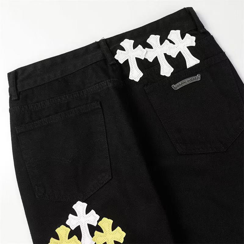 CHROME HEARTS WHITE YELLOW CROSS PATCH JEANS BLACK - Vanté®