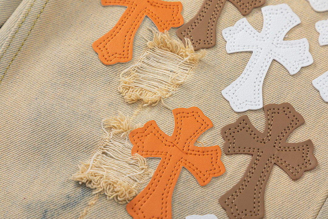 CHROME HEARTS ORANGE BROWN CROSS PATCH JEANS BEIGE - Vanté®