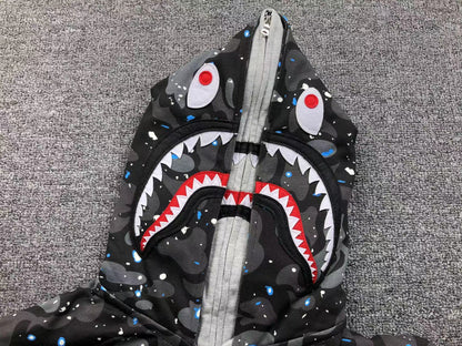 BAPE SPACE CAMO DOUBLE SHARK FULL ZIP HOODIE BLACK - Vanté®