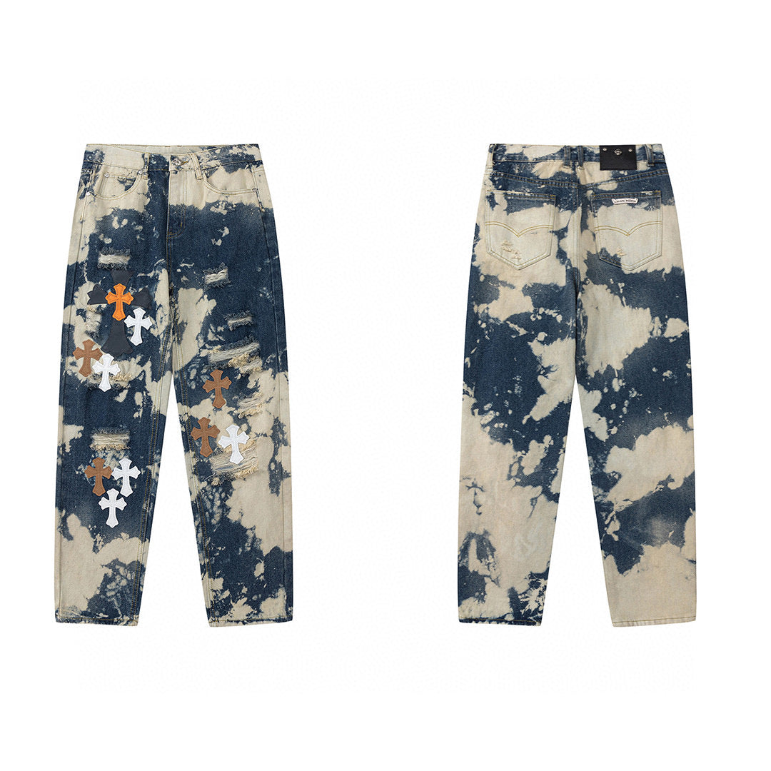 CHROME HEARTS TIE DYE WHITE ORANGE CROSS PATCH JEANS - Vanté®