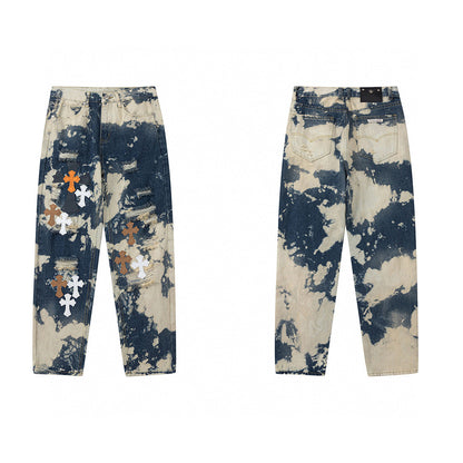 CHROME HEARTS TIE DYE WHITE ORANGE CROSS PATCH JEANS - Vanté®
