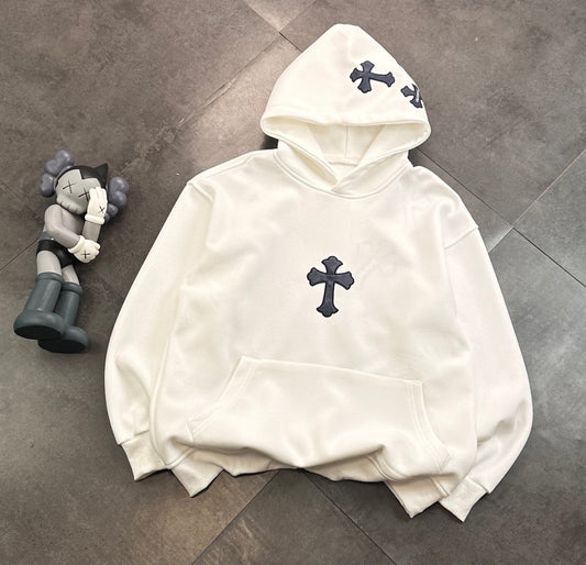 CHROME HEARTS BLACK CROSS PATCH HOODIE WHITE - Vanté®