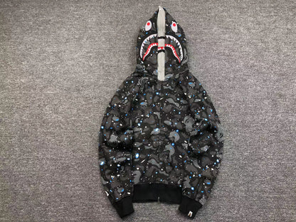 BAPE SPACE CAMO DOUBLE SHARK FULL ZIP HOODIE BLACK - Vanté®