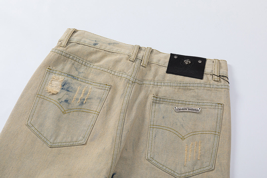 CHROME HEARTS ORANGE BROWN CROSS PATCH JEANS BEIGE - Vanté®