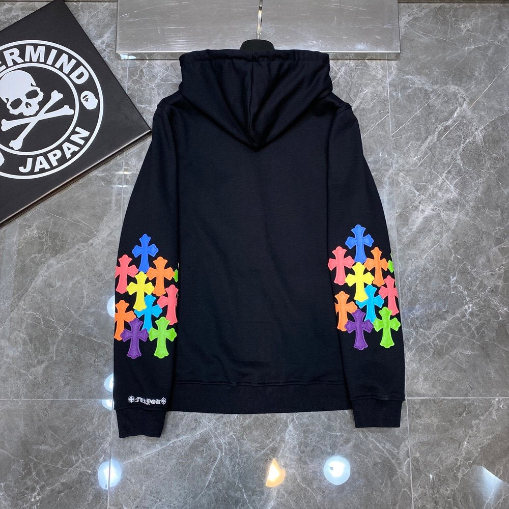CHROME HEARTS MULTICOLOR CROSS PATCH ZIPPER HOODIE BLACK - Vanté®