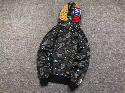 BAPE SPACE CAMO DOUBLE SHARK FULL ZIP HOODIE BLACK - Vanté®