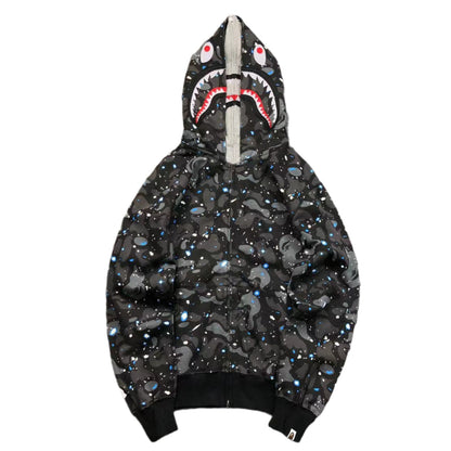 BAPE SPACE CAMO DOUBLE SHARK FULL ZIP HOODIE BLACK - Vanté®