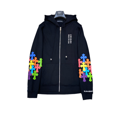 CHROME HEARTS MULTICOLOR CROSS PATCH ZIPPER HOODIE BLACK - Vanté®