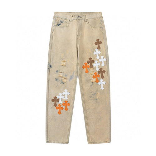 CHROME HEARTS ORANGE BROWN CROSS PATCH JEANS BEIGE - Vanté®