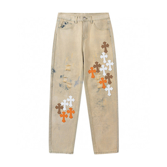 CHROME HEARTS ORANGE BROWN CROSS PATCH JEANS BEIGE - Vanté®