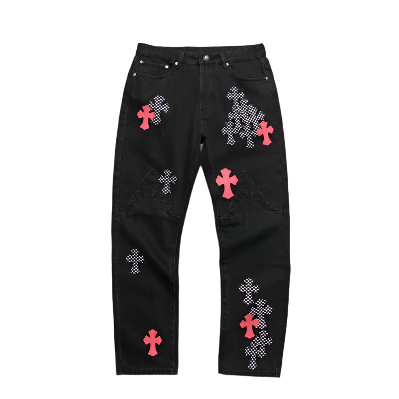 CHROME HEARTS PINK & CHECKERED CROSS PATCH FLEURKNEE JEANS BLACK - Vanté®