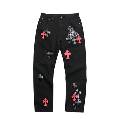 CHROME HEARTS PINK & CHECKERED CROSS PATCH FLEURKNEE JEANS BLACK - Vanté®