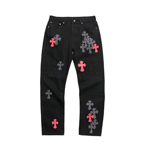 CHROME HEARTS PINK & CHECKERED CROSS PATCH FLEURKNEE JEANS BLACK - Vanté®