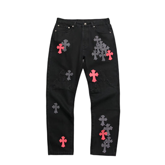 CHROME HEARTS PINK & CHECKERED CROSS PATCH FLEURKNEE JEANS BLACK - Vanté®