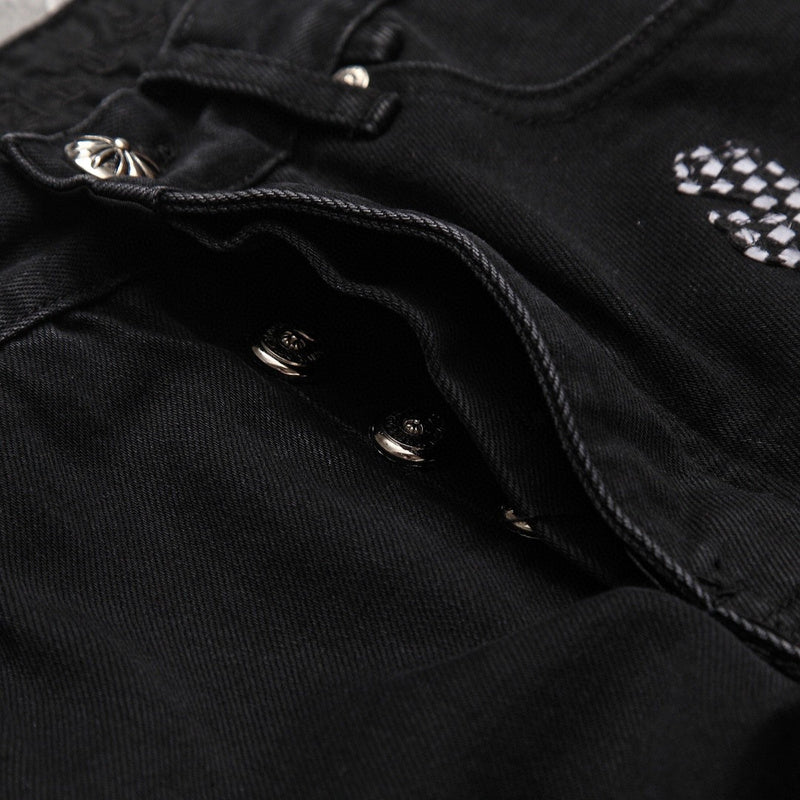 CHROME HEARTS PINK & CHECKERED CROSS PATCH FLEURKNEE JEANS BLACK - Vanté®