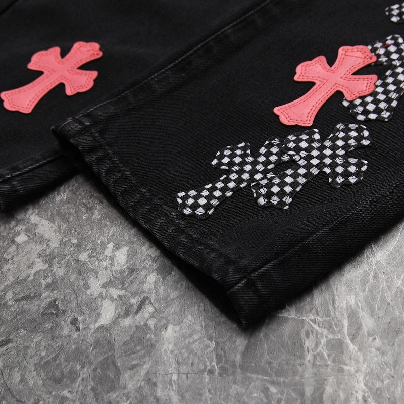 CHROME HEARTS PINK & CHECKERED CROSS PATCH FLEURKNEE JEANS BLACK - Vanté®