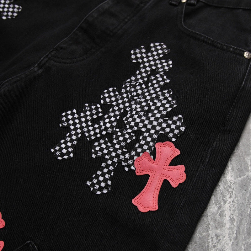 CHROME HEARTS PINK & CHECKERED CROSS PATCH FLEURKNEE JEANS BLACK - Vanté®