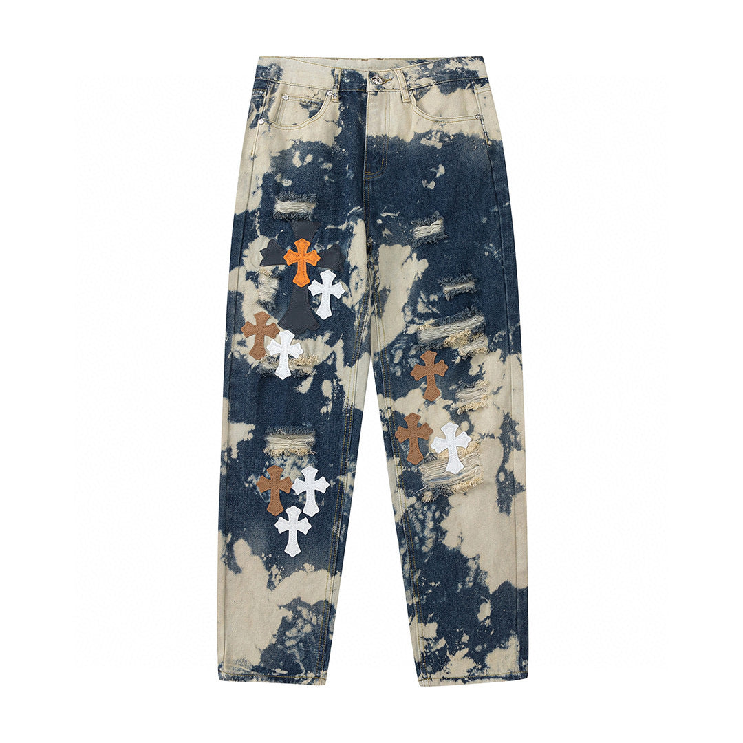 CHROME HEARTS TIE DYE WHITE ORANGE CROSS PATCH JEANS - Vanté®