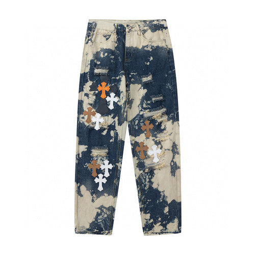 CHROME HEARTS TIE DYE WHITE ORANGE CROSS PATCH JEANS - Vanté®