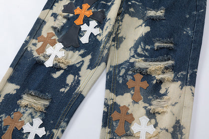 CHROME HEARTS TIE DYE WHITE ORANGE CROSS PATCH JEANS - Vanté®