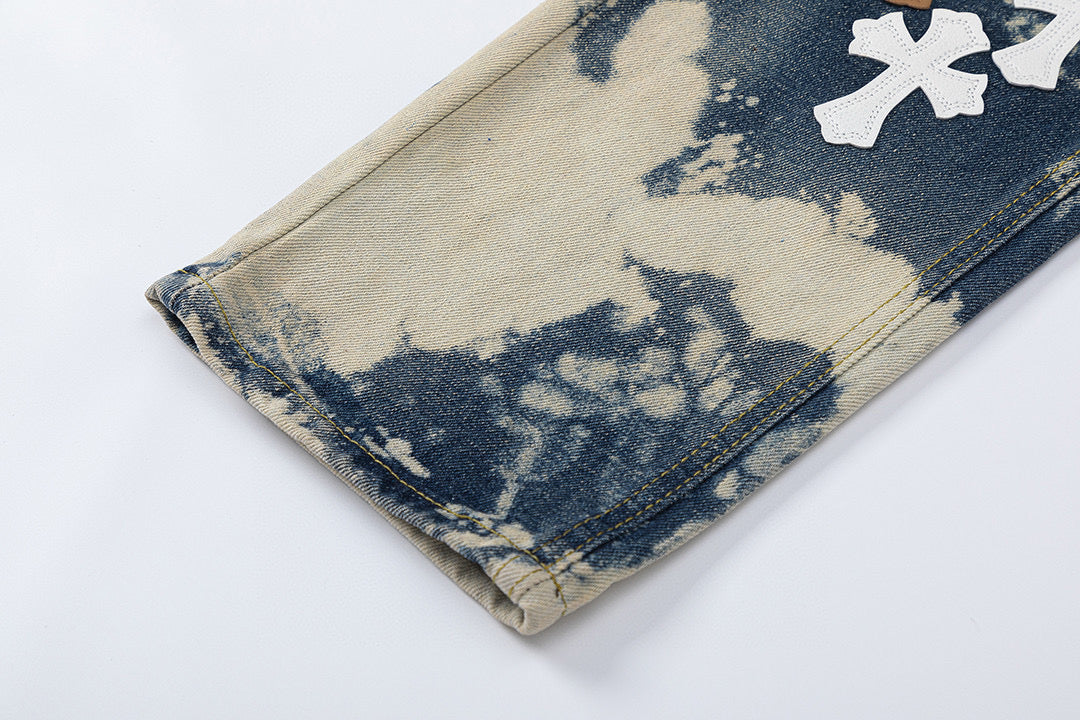 CHROME HEARTS TIE DYE WHITE ORANGE CROSS PATCH JEANS - Vanté®