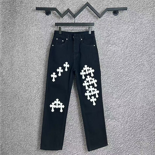 CHROME HEARTS WHITE YELLOW CROSS PATCH JEANS BLACK - Vanté®